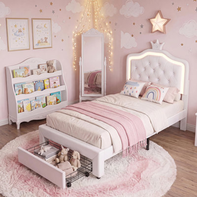 Cassie PU Leather Princess Bed With LED Light Strip, Crown Design & Storage Drawer