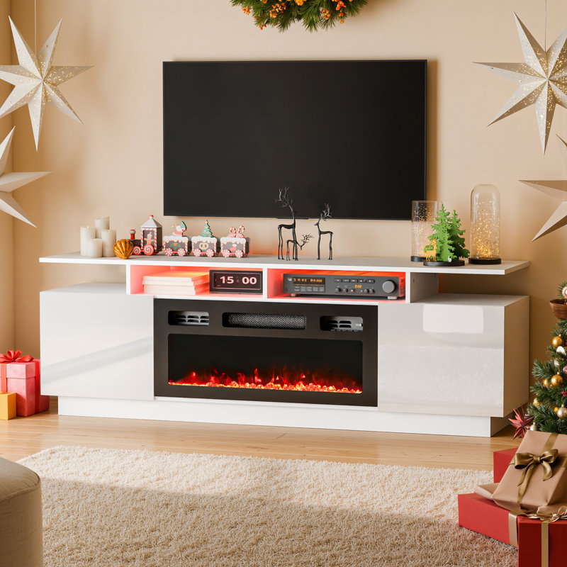 Kymberlyn High Gloss Fireplace TV Stand For 75" TV with Charging Station, White