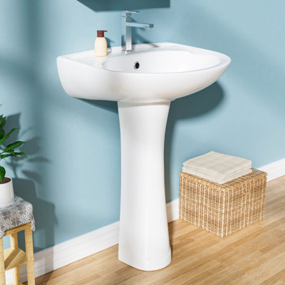 Lavabo sur pied en porcelaine vitrifiée en forme de U l 21 po x P 19 po, 1 trou de robinet et trop-plein, blanc