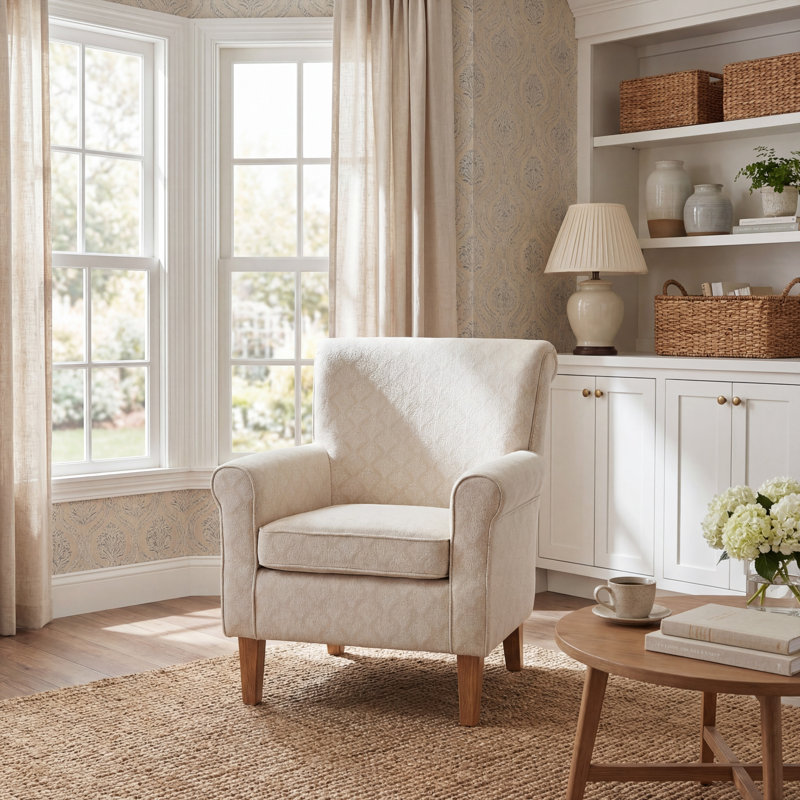 Fauteuil club Hazina, Mélange de lin beige damassé