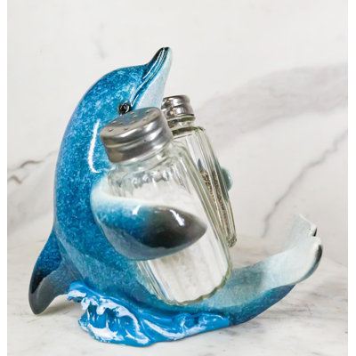 Ocean Marine Dolphin Riding Sea Waves Salt And Pepper Shakers Holder Set