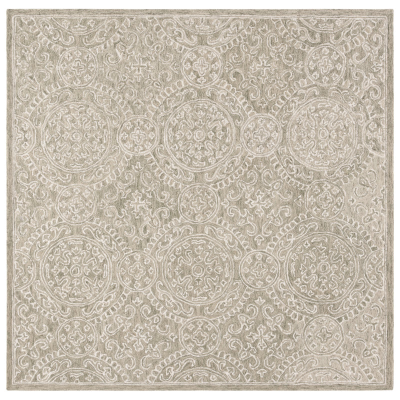 Tapis olive / ivoire touffeté à la main Damask, Carré 7 pi
