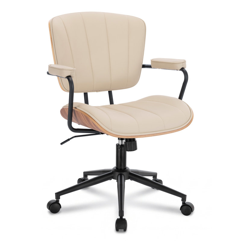 Upholstered Swivel  Office Chair, Beige, Fixed Backrest