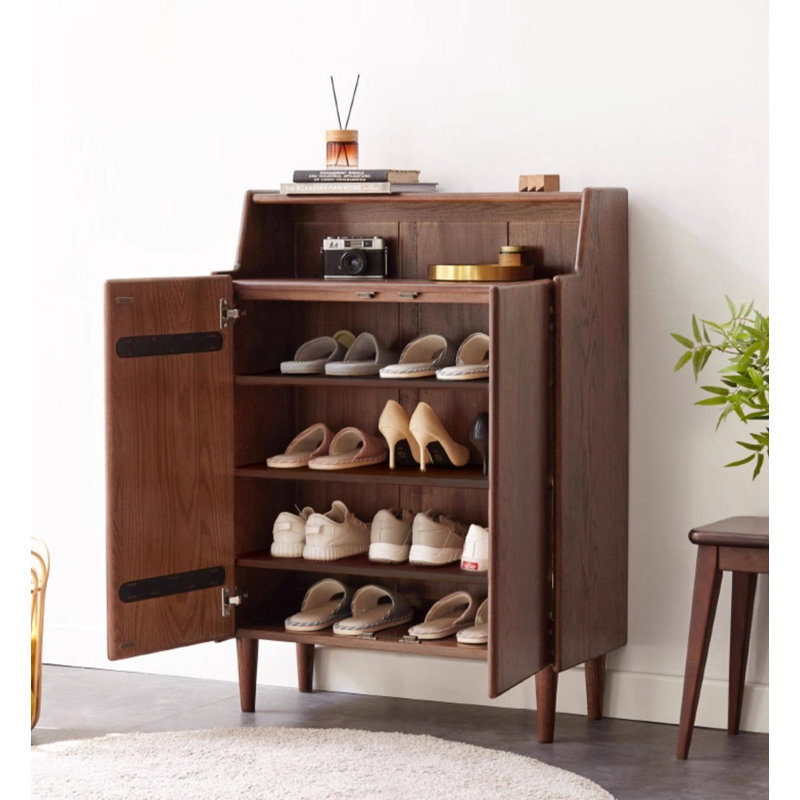 Modern Double-Door Solid Oak Shoe Cabinet, 43.31" H x 31.5" W x 13.78" D, Brown