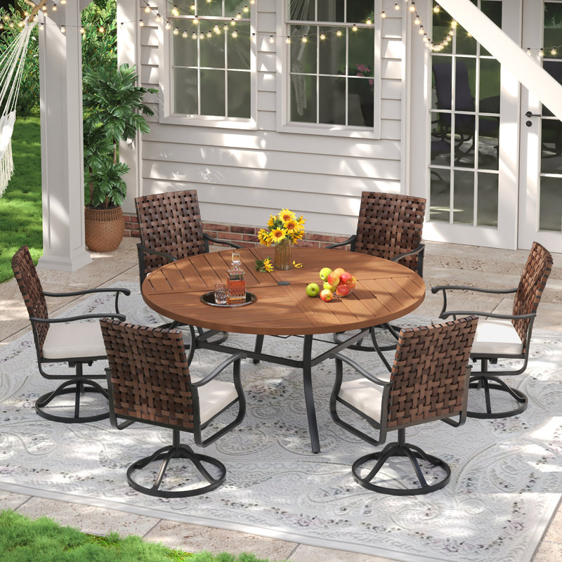 6-Person Outdoor Patio Dining Set With Wicker Swivel Chair, Walnut