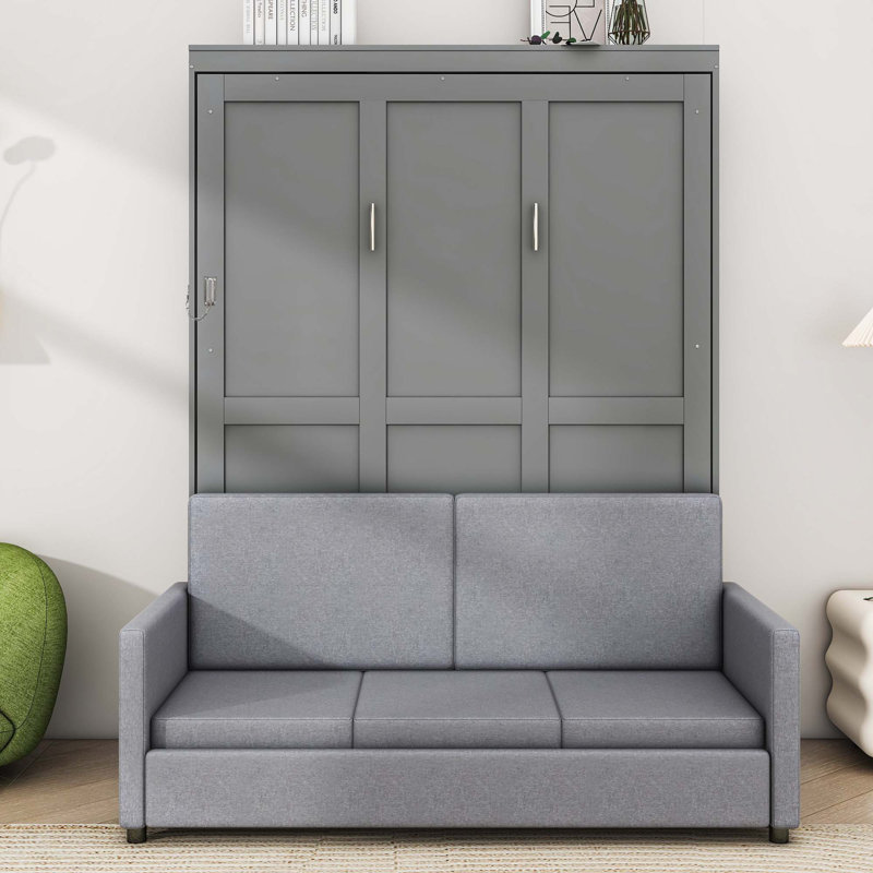 Lit escamotable mural en bois avec canapé, Double, gris
