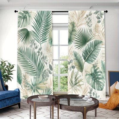 2PCS Tropical Palm Monstera Leaf Light Filtering Rod Pocket Curtains, Fresh Botanical Garden Plant Print Window Drapes, Easy Install Rod Pocket, All Season Decor for Living Room, Bedroom, Dorm, Minimalist Tropical Greenery Window Coverings