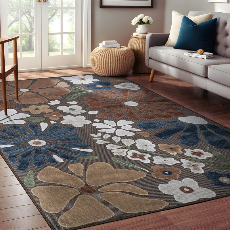 Tapis floral d'intérieur pour l'extérieur, Brown, Rectangle 9' x 12'
