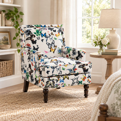 Chaise d'appoint rembourrée, fauteuil vintage avec tissu en lin papillon et garniture cloutée pour le salon