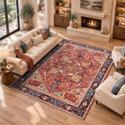 Tapis rouge vintage avec motif géométrique médaillon, lavable à la machine et antidérapant