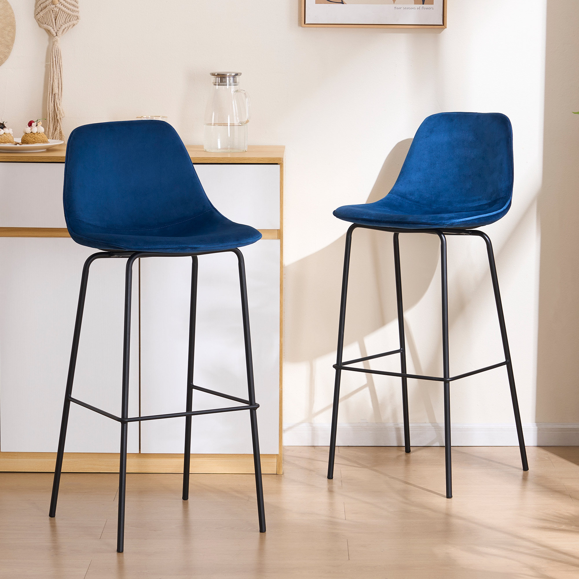 Kavi Upholstered Barstools, Blue Velvet, Bar Stool (30" Seat Height)