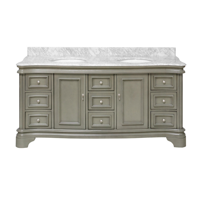 Ensemble de meuble-lavabo double 72 po Twain avec comptoir gris vieilli et comptoir en marbre de Carrare, Marbre de Carrare