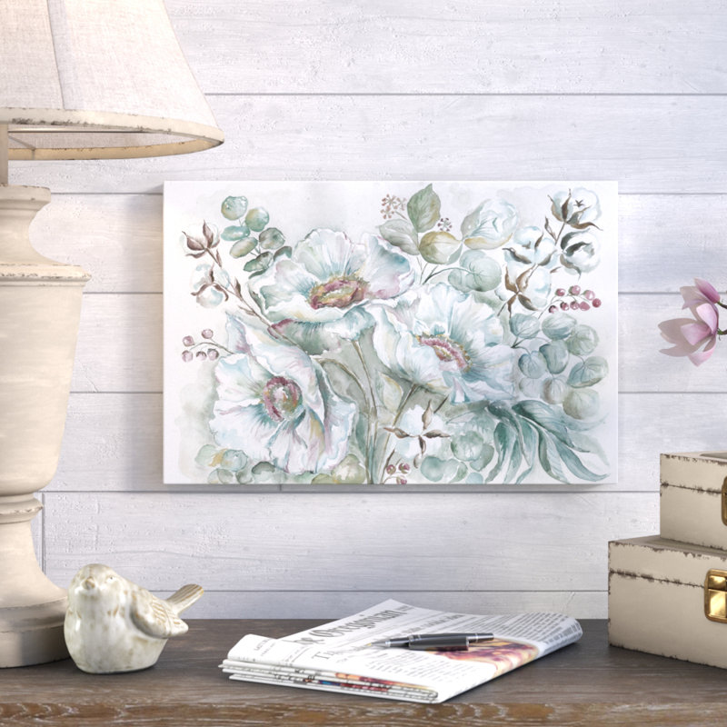 " White Poppies And Eucalyptus IV " Painting Print, 40" H x 60" W