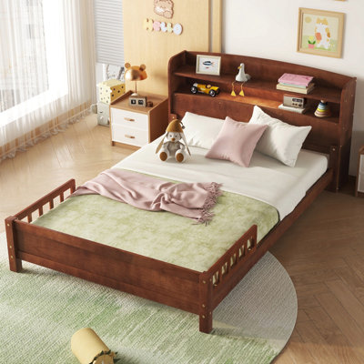 Full Pine Wood Bed With Bookcase Headboard ,Led Motion Sensor Light, Bed Guardrails
