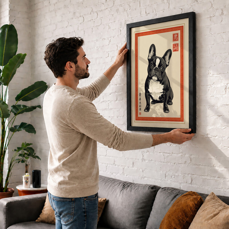 Bulldog Portrait Japandi - Framed Print, A1 - 84.1 x 59.4 cm, Black