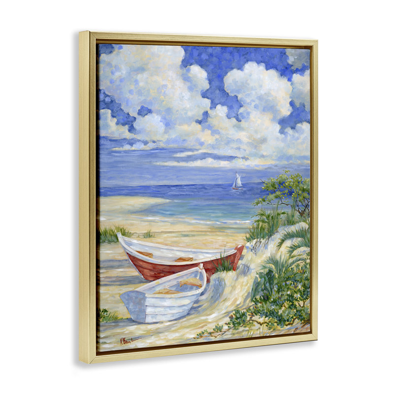"Deux bateaux sur le sable", art mural encadré par Paul Brent, Cadre flottant métallique doré, H 21 po x l 17 po