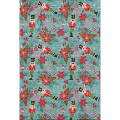 Premium Machine Washable Dockside AMF1822 Nutcracker and Poinsettia Rug