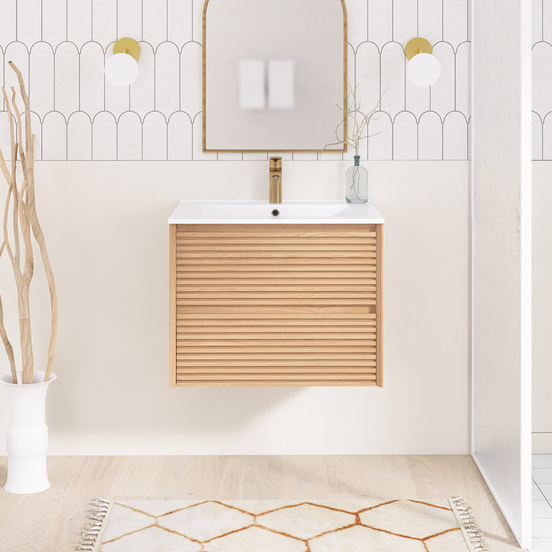 24,02 po X P 18,31 po P 20,4 po Meuble-lavabo mural simple H en noyer avec plateau en céramique blanche
