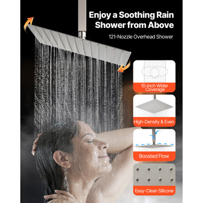 Ensemble de robinet de douche, système de douche à pluie au plafond de 10 pouces avec tête de fixation murale de 6 pouces et douchette portative 2 en 1, valve rotative à double fonction en laiton à 3 fonctions et ensemble de garniture, nickel brossé