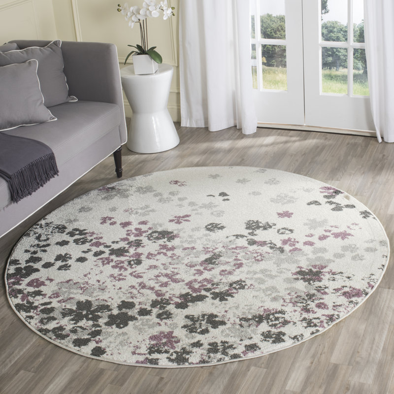 Tapis ivoire / gris / mauve à motif floral Makeba, Rond 6 pi