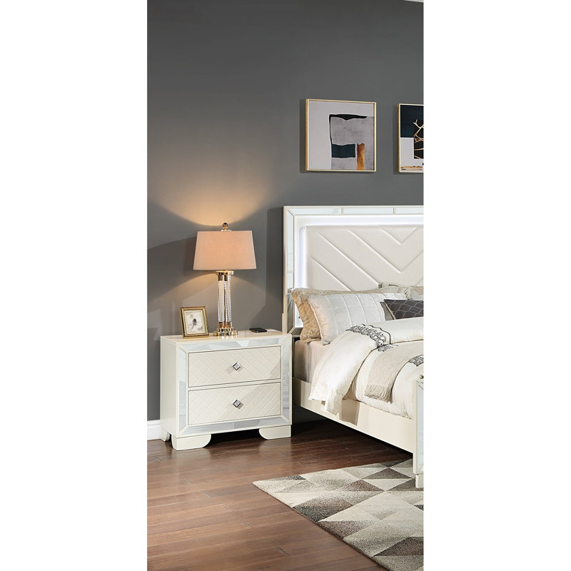 Armoire de chevet moderne avec 2 tiroirs, charge sans fil et poignée en diamant en bois massif crème