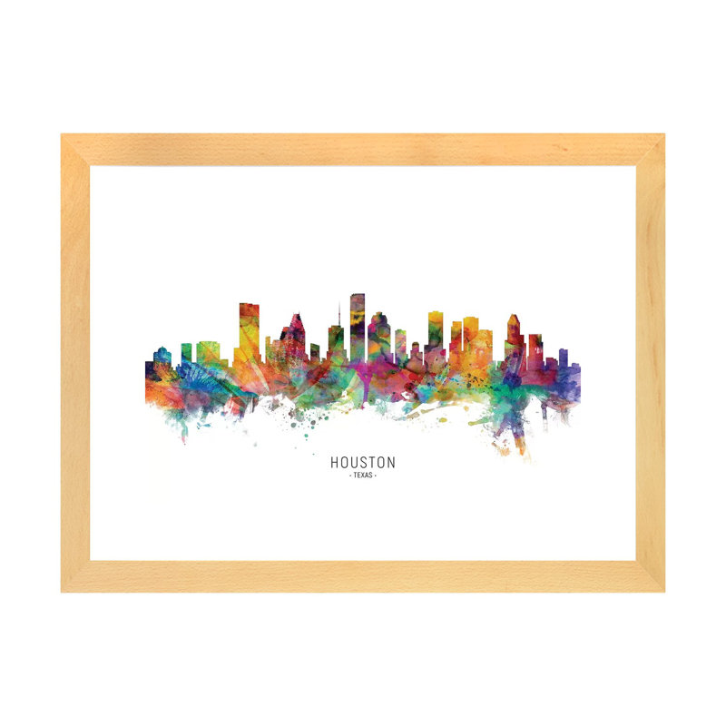Houston Texas Skyline par Michael Tompsett-impression d’art graphique, Toile avec cadre en bois beige, Blanc