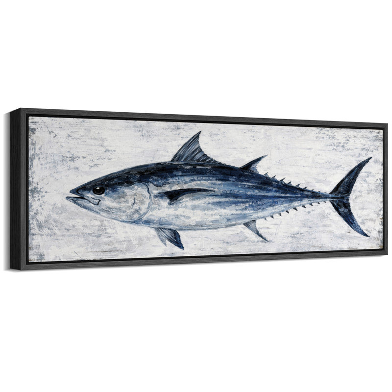 «Blue Tuna Fish Rustic Coastal Nautical Wall Decor Extra Large», reproduction d'art sur toile encadrée, Noir