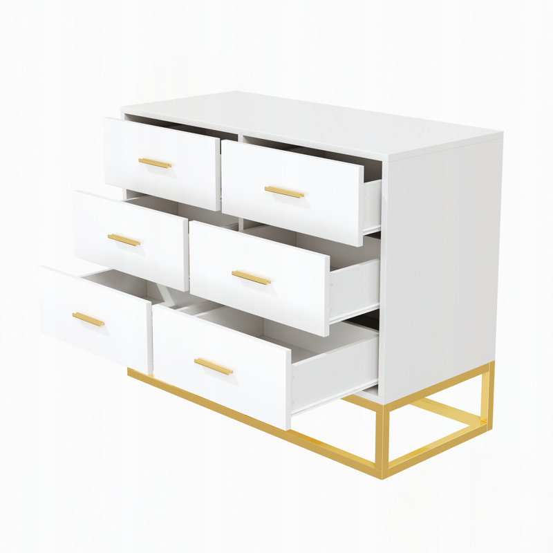 Commode moderne à 6 tiroirs avec pattes et poignées en métal, Gold+White