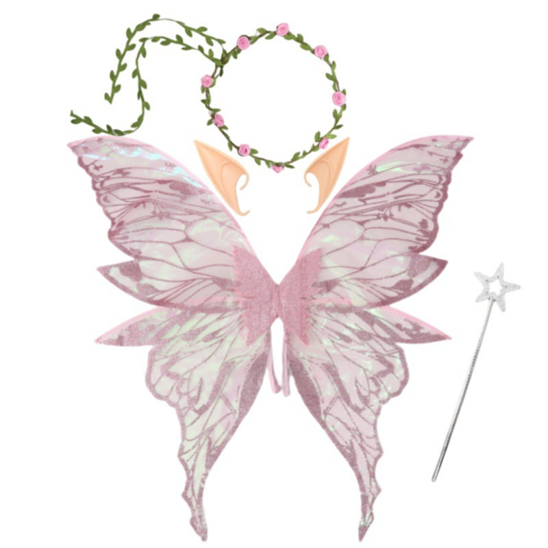 4Pcs Cute Flower Crown Fairy Costume Set, Star Wand Elf Ears Fairy Butterfly Wings Dress-Up, Gold Foil Sparkling Angel Wings