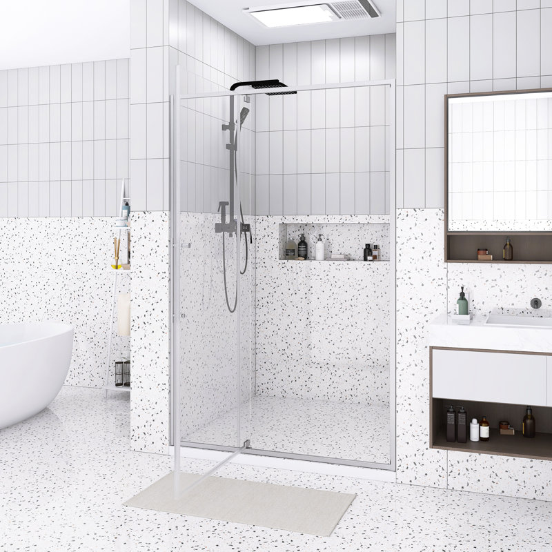 Porte de douche à cadre pivotante l 44 à 48 po x H 74 po | Ouvert à l'extérieur | Arrêt à 105 degrés | Verre trempé 5/16 po | Nickel brossé