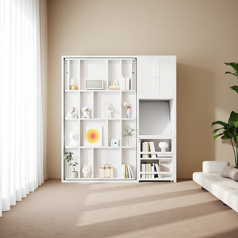 Lit escamotable simple avec bureau roulant, armoire de rangement et bibliothèque, Blanc