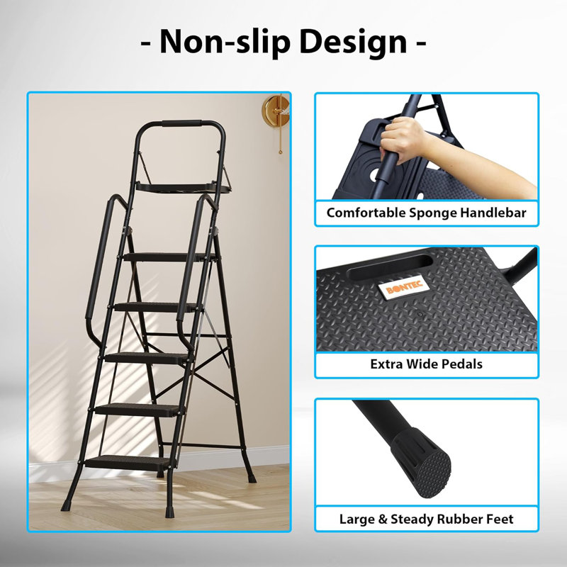 5-Step Ladder, Folding Step Stool With Tool Platform, Tool Bag, And Handrails, Wide Anti-Slip Pedals, Sturdy Steel Ladder With A Max Load Capacity Of 400 Lbs, For Household Use, Black