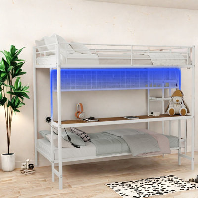 Space Saving Beds, Metal Bunk Loft with Desk, Modern Home Dorm