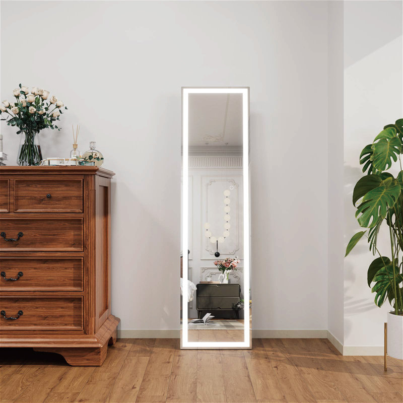 Miroir pleine longueur à éclairage DEL avec support en métal, miroir de plancher contemporain avec verre trempé, 60" x 16" 