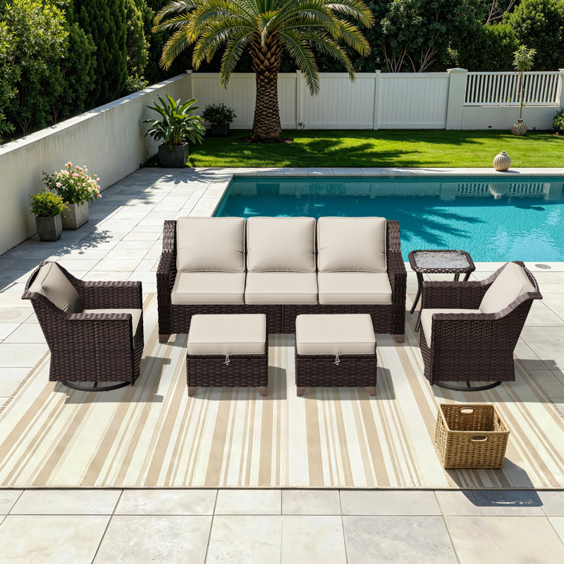 6-Piece Wicker Outdoor Sofa Set – Swivel Chairs & Hidden Storage Ottomans, Beige