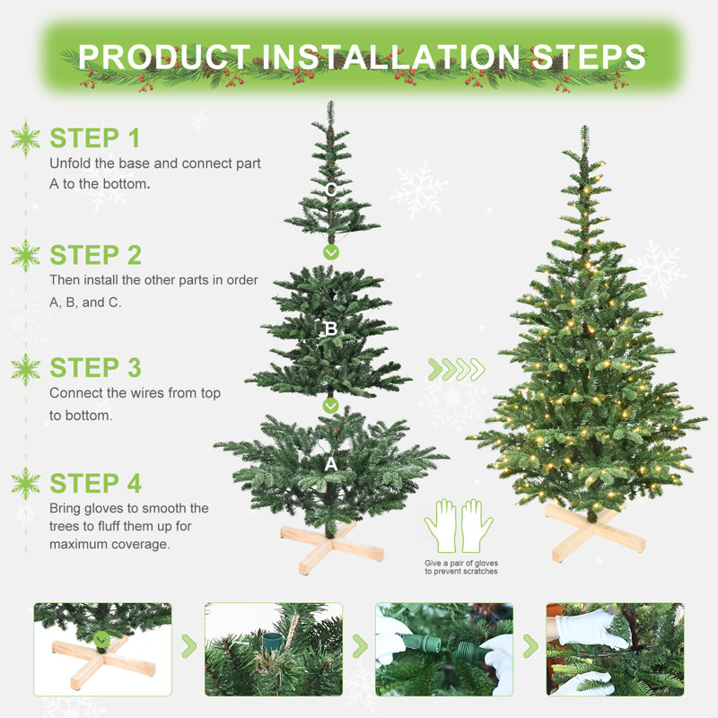 Arbre de Noël 7 pi pré-éclairé, 941 pointes PE + PVC réalistes, base en bois rustique - arbre de Noël artificiel pour la décoration intérieure