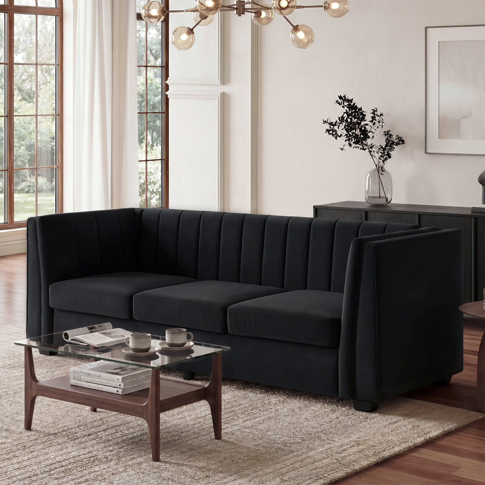 89" Velvet Sofa, Black Velvet