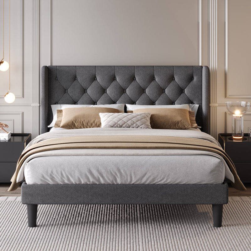 Lit plateforme tapissier Bertillo, Double, Gris foncé