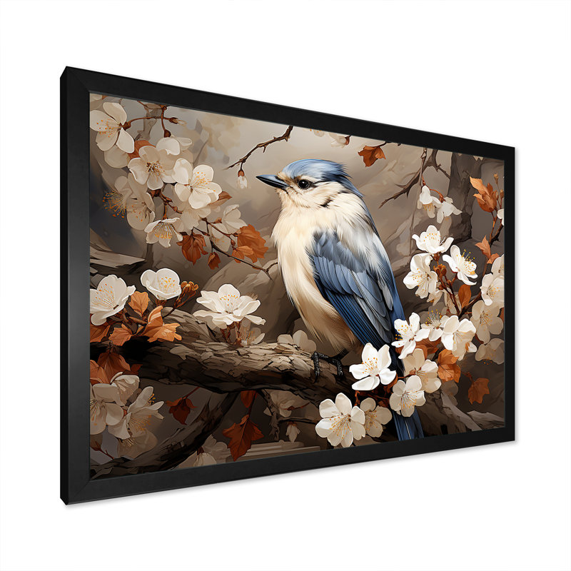 Blue Floral Ethereal Bird - Bird Wall Art, 16" H x 32" W x 1" D, Black Closed Corner Framed