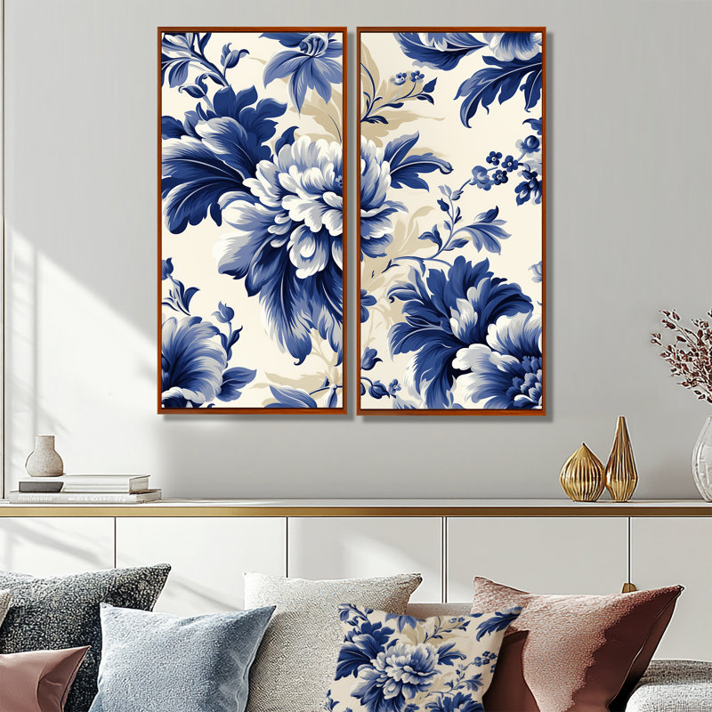 Regal bleu cobalt damassé II motif victorien - chalet mauve, art mural traditionnel 2 pièces, 20" H x 24" W, Brown