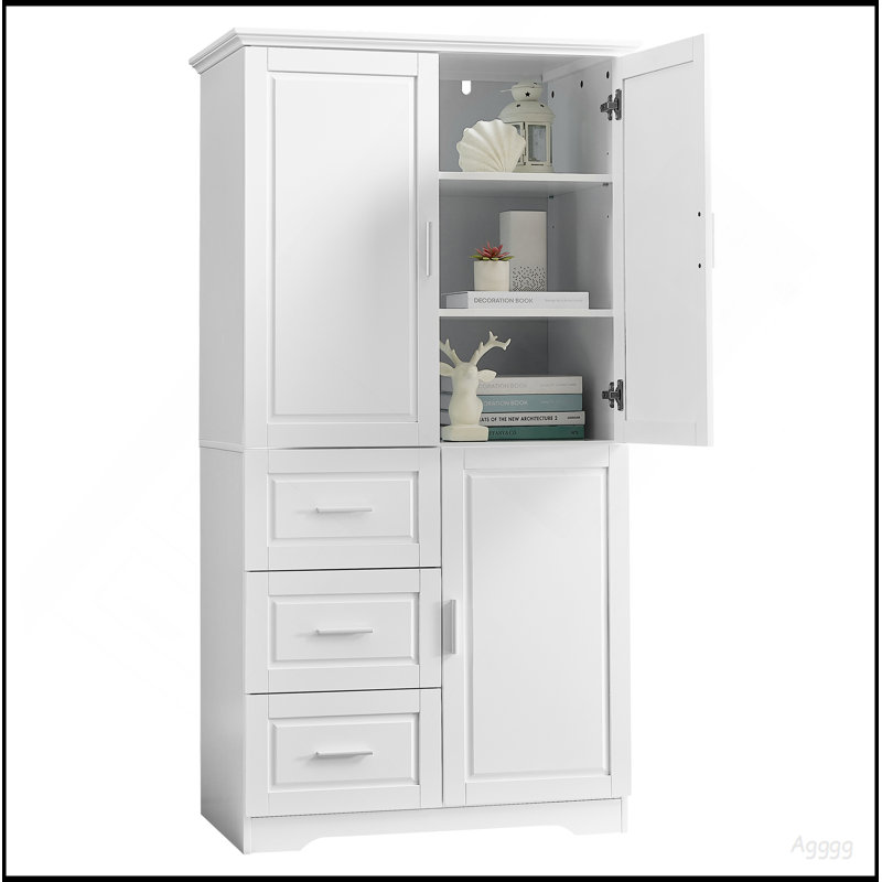 Tall And Wide Storage Cabinet With Doors For Bathroom/Office, Three Drawers