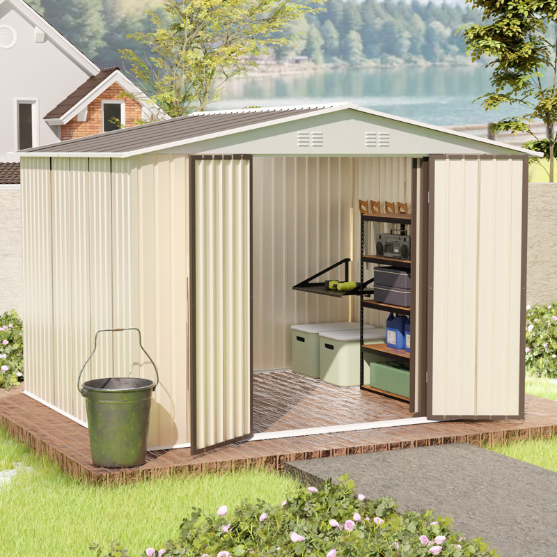 Garden Shed, 10ft W X 8ft D, White, Aluminum Alloy Frame, Hinge Door (lockable, Lock Not Included), Front/back Vents, Easy Assembly, Outdoor Storage