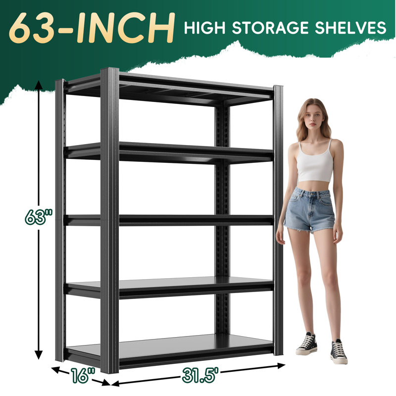 5 Tier Metal Garage Storage Shelves - Industrial Utility Rack with Adjustable Shelves, 31.5" W x 15.7" D