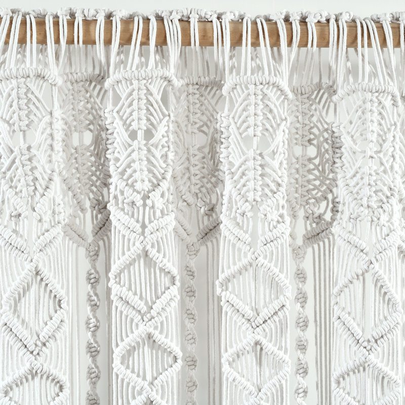 Panneau de rideau simple diaphane avec passe-tringle Boho Macrame, Blanc