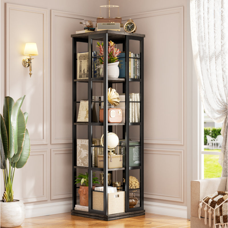 360° Rotating Bookcase, Storage And Display Spinning Corner Bookshelf For Home Office And Living Room, Gray