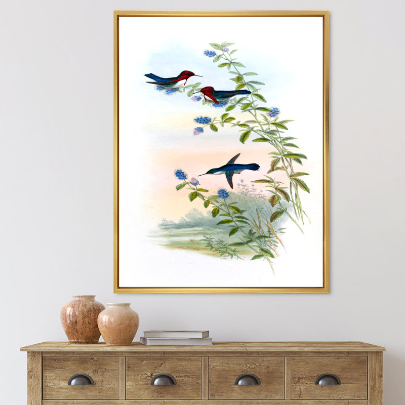 Colibri rétro II - peinture sur toile, Cadre flottant doré, H 40 po x l 30 po x 1,5 po