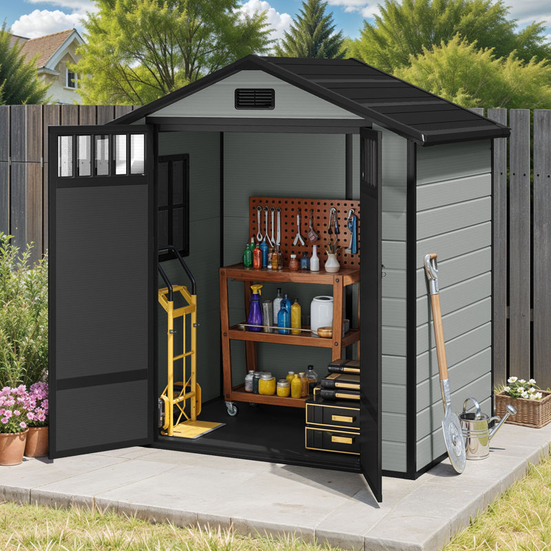 Remise de rangement verticale extérieure avec fenêtres, Gris et noir