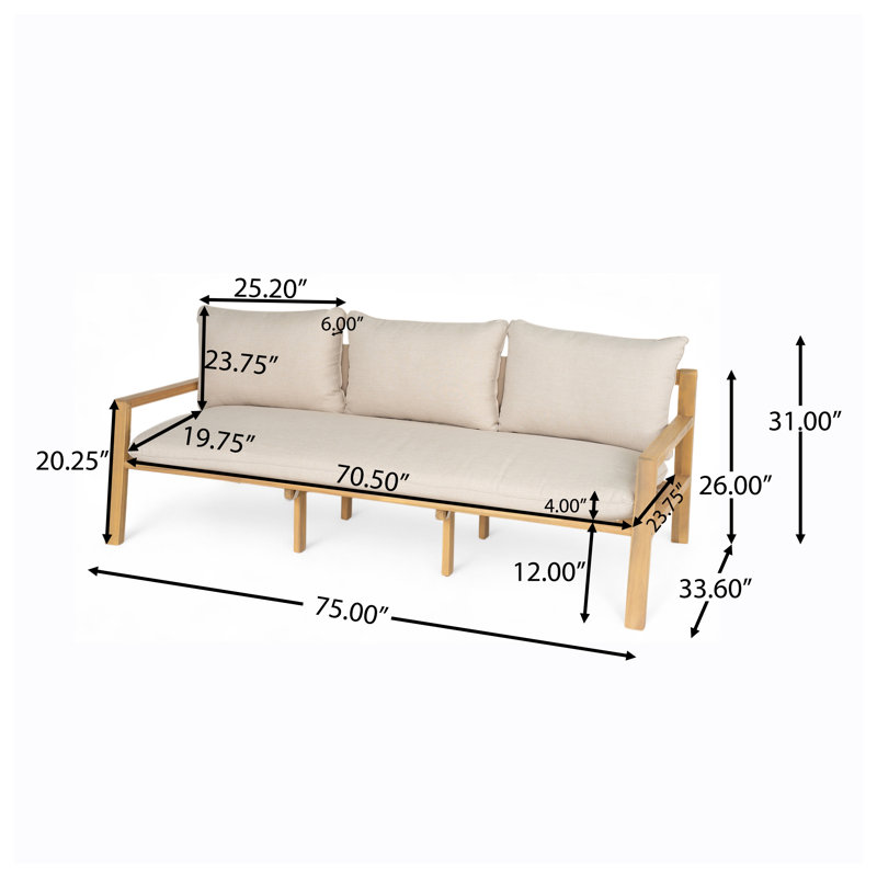 Canapé d'extérieur en bois d'acacia avec coussins beiges et sangles tissées
