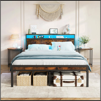 Full Size Metal Bed Frame With Headboard And Footboard, LED Lighting, Black Heavy Duty Mattress Foundation With Steel Slat Support, Noise Free