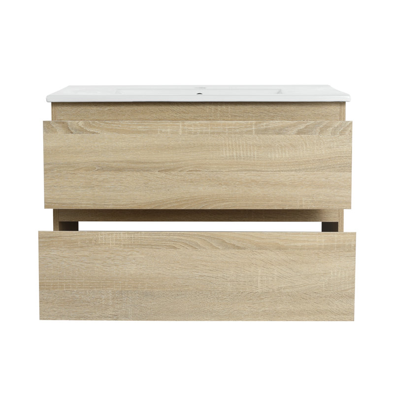 Meuble-lavabo mural simple avec lavabo en céramique, 30", Chêne clair